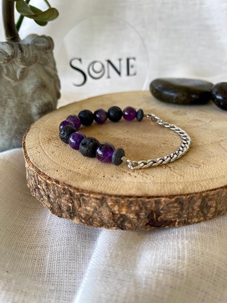 Bracelet Mix - Améthyste et Pierre de lave et chaine