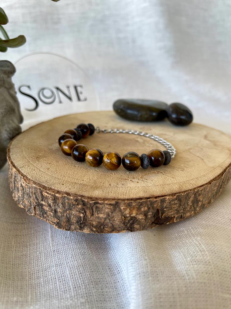 Bracelet Mix - Oeil de tigre, Pierre de lave et chaine