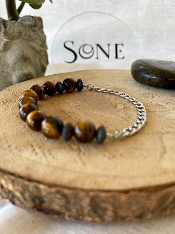 Bracelet Mix - Oeil de tigre, Pierre de lave et chaine