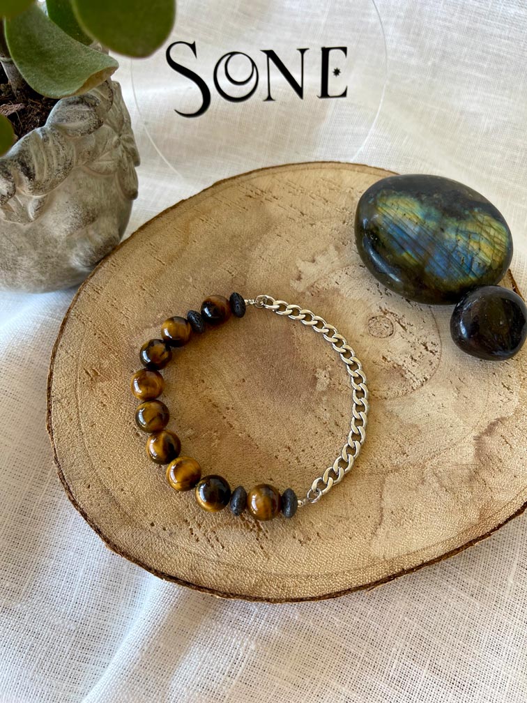 Bracelet Mix - Oeil de tigre, Pierre de lave et chaine