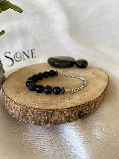 Bracelet Mix - Obsidienne et Pierre de lave et chain