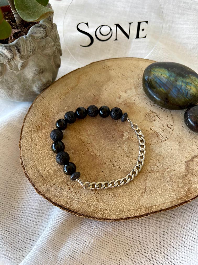 Bracelet Mix - Obsidienne et Pierre de lave et chain