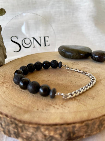 Bracelet Mix - Obsidienne et Pierre de lave et chain