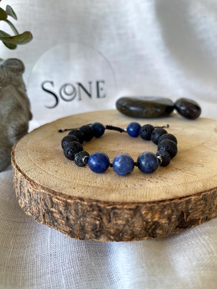 Bracelet Mat - Pierre de lave et Sodalite ajustable