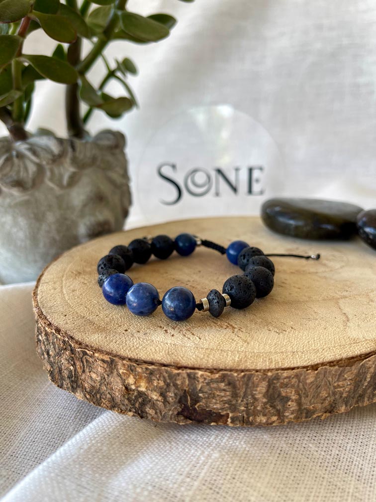 Bracelet Mat - Pierre de lave et Sodalite ajustable