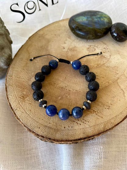 Bracelet Mat - Pierre de lave et Sodalite ajustable