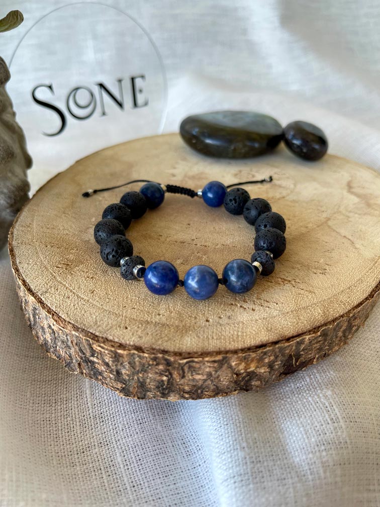 Bracelet Mat - Pierre de lave et Sodalite ajustable